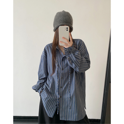 条纹双层领子系带衬衫衬衣上衣