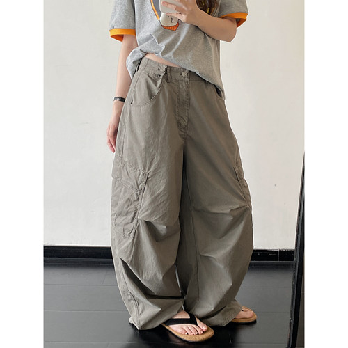 大口袋宽松降落伞阔腿裤工装裤