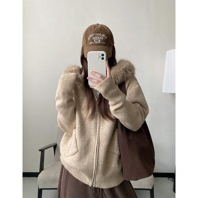 毛领连帽针织开衫毛衣外套女秋季