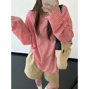 T恤女夏宽松慵懒罩衫 sun柚 微透条纹防晒长袖 春夏季 上衣 温度自由