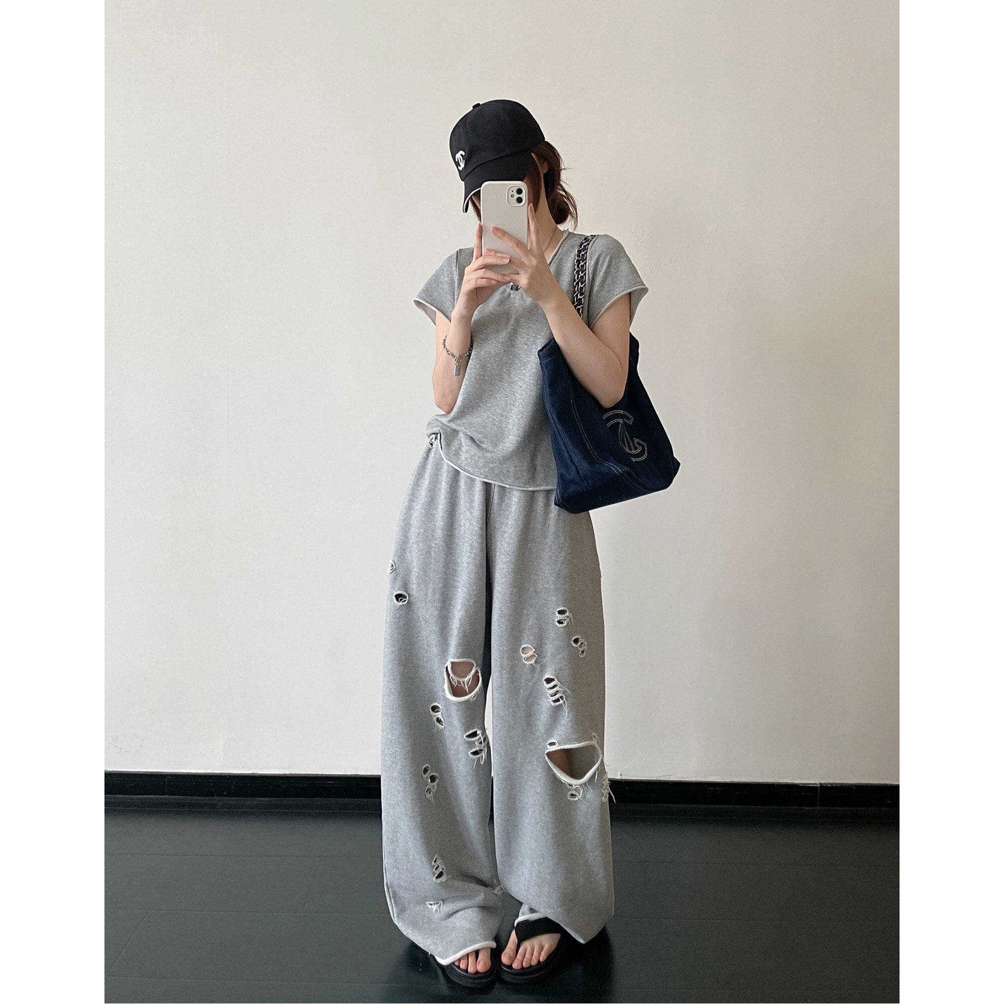 sun柚 春夏季圆领短袖阔腿裤慵懒两件套休闲破洞长裤灰色运动套装