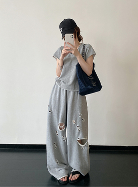 sun柚 春夏季圆领短袖阔腿裤慵懒两件套休闲破洞长裤灰色运动套装