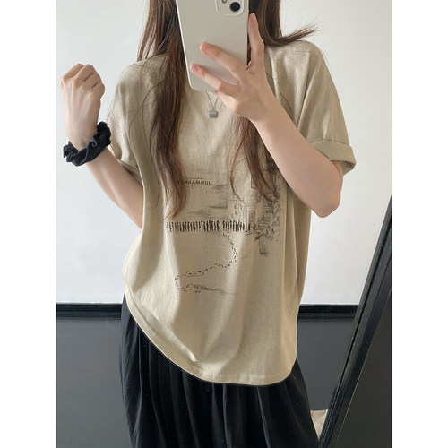 炭笔素描印花短袖T恤女夏季上衣