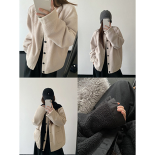 sun柚 双面穿羊羔毛外套贴袋宽松圆领保暖复古秋冬休闲高级感夹克