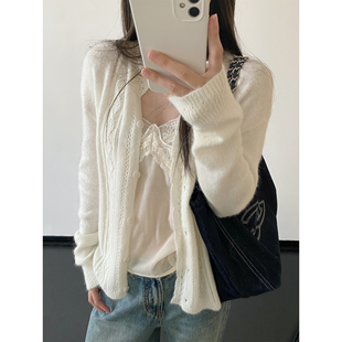 sun柚 雾凇花店’羊毛混纺针织衫女不对称花边领镂空钩花开衫上衣