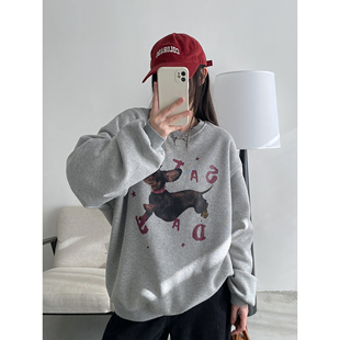 套头复古外套 腊肠狗印花加绒卫衣女秋冬内搭长袖 sun柚 趣味出逃