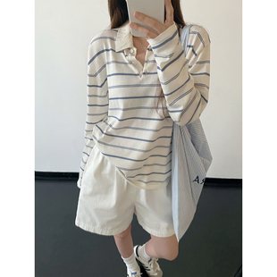 sun柚 条纹polo长袖针织衫女春夏新款莱赛尔混纺韩系针织上衣t恤