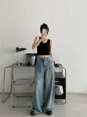 夏季复古水洗抓痕牛仔裤女宽松