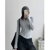 纯色内搭长袖 sun柚 花灰色v领针织打底上衣女2025年春秋新款 t恤