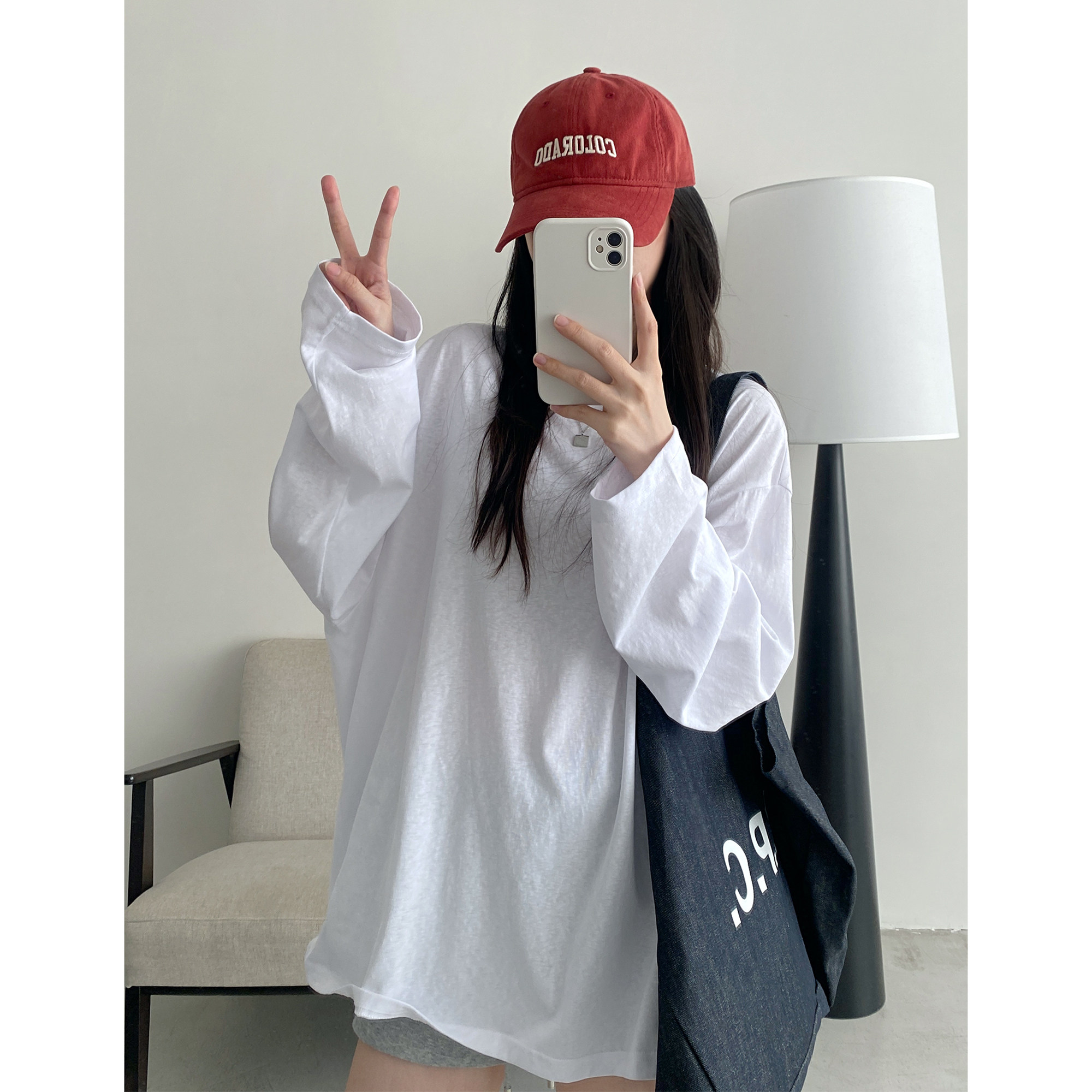 sun柚 夏季大版型调性简约纯色大大T恤宽松遮臀显瘦长袖上衣女