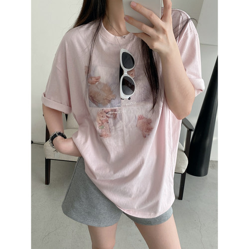 夏季宽松圆领落肩印花短袖T恤