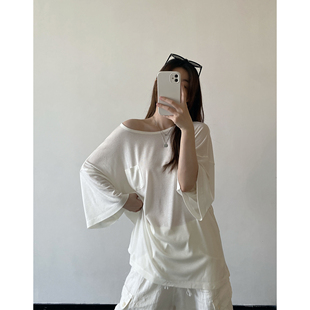 sun柚 店主私服淡淡的随意row感软宽松上衣休闲圆领绵绵口袋t恤