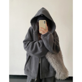 sun柚 素颜穿搭开衫 双面复合奥粒绒拉链连帽宽松秋冬加厚卫衣外套