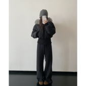 sun柚 90白鸭绒保暖针织可拆卸狐狸毛领连帽立领短款 羽绒服外套