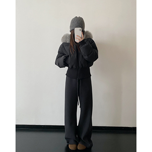 sun柚 90白鸭绒保暖针织可拆卸狐狸毛领连帽立领短款羽绒服外套