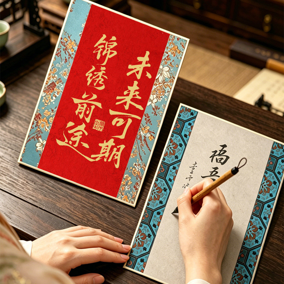 宋锦硬卡半生熟宣纸15*20CM书法作品创作国画金色手写DIY卡纸国风锦锻布面摆台画框教师节装裱金边硬卡