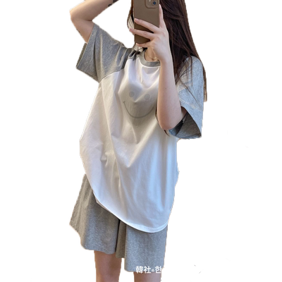 冰感纯棉撞色笑脸套装睡衣女夏季