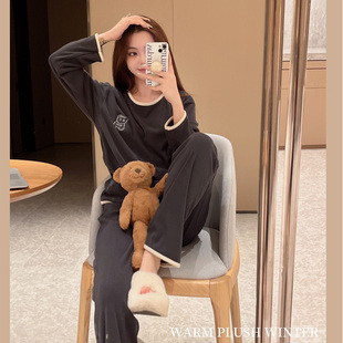 可外穿 圆领卡通刺绣小熊家居服早春套装 秋冬新款 木酷绒睡衣女长袖