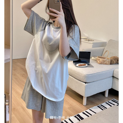 冰感纯棉撞色笑脸套装睡衣女夏季