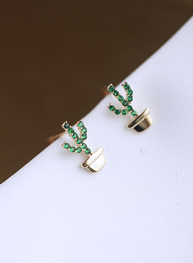 Cider 925纯银仙人掌耳钉个性设计绿色镶嵌时尚耳环2021年新款