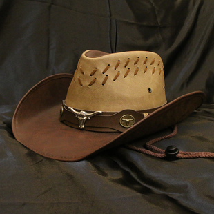 美国西部大牛头皮带男女皮革大檐骑马沙滩帽牛仔帽遮太阳帽子复古