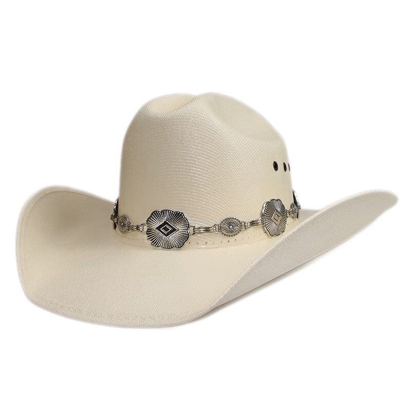 四季银色藏式铁链黄石草编硬定型大檐美国西部牛仔帽防水防晒遮阳