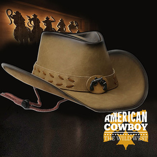 复古做旧皮革男女潮酷双枪皮带遮阳防晒大檐骑马美国西部牛仔帽子