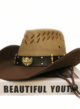 双枪皮带男女士优质皮革大檐西部户外骑马沙滩帽牛仔帽遮阳保暖