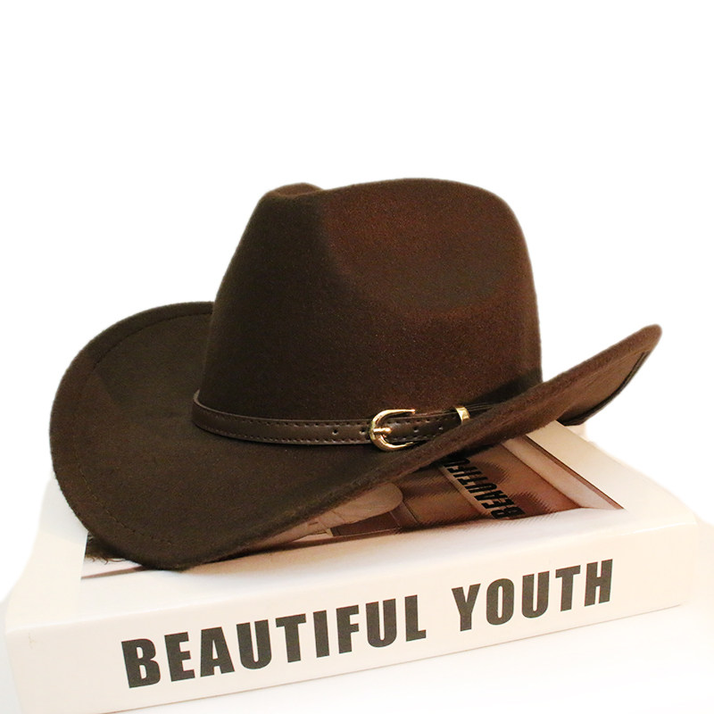 秋冬保暖休闲百搭咖啡皮带男女儿童毛呢西部牛仔帽大沿遮阳礼帽子