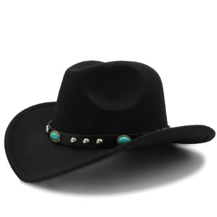 藏式春秋冬季绿松石皮带毛呢大檐百搭防护保暖西部牛仔帽男女儿童