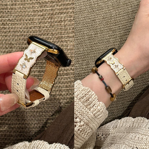 苹果手表iWatch11表带钻光蝴蝶荔枝纹适用applewatch10代夏天女se