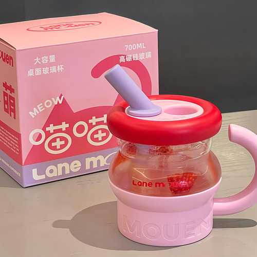 览萌玻璃吸管杯女生高颜值水杯大容量杯子耐高温水杯可爱2026新款