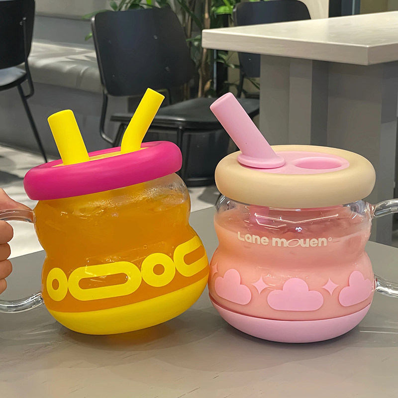 览萌玻璃吸管杯女生高颜值大容量耐高温泡茶杯水杯子便携2026新款