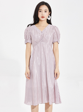 风迪品牌折扣女装夏季新款气质淑女V领条纹连衣裙中长修身1Z25689