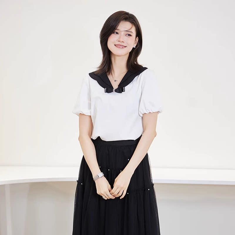 风迪夏季新款海军领短袖t恤女薄款学院风宽松衬衫冰丝上衣1C25440
