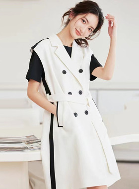 风迪品牌春秋新款女撞色拼接长马夹中长款风衣外套无袖百搭B35186