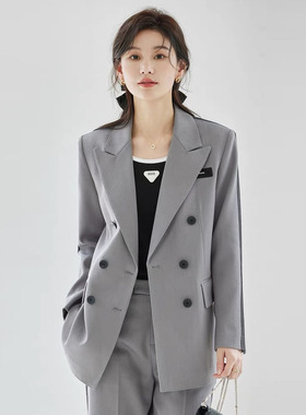 风迪春秋新款西装女百搭休闲中长羊毛直筒简约通勤西服外套C15059