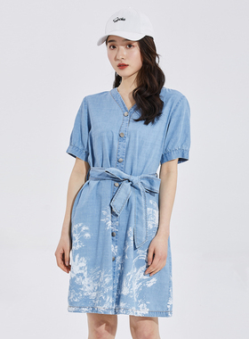 风迪品牌夏季新款V领牛仔连衣裙复古印花系带显瘦女裙瑕疵1Z25421