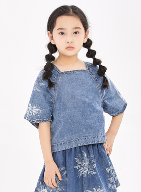美童装夏季新款女童牛仔印花上衣薄款短袖儿童小衫百搭潮2Z25535
