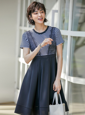 风迪品牌夏季新款女士黑白条纹拼接连衣裙圆领短袖修身裙1Z25417
