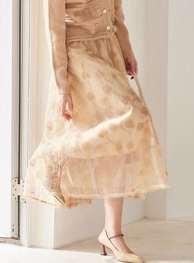 风迪新款半身裙女百搭休闲中长款蕾丝网纱气质A字裙长裙1C15191