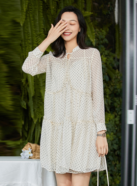 风迪折扣春季新款女士复古优雅中长款女裙廓形波点连衣裙1Z15089