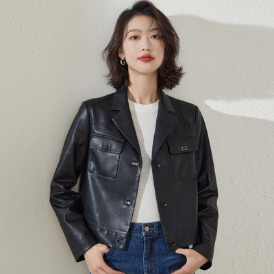 翻领机车仿皮简约短款外套