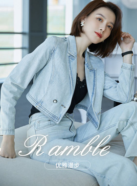 风迪春季新款女士西装翻驳领牛仔短外套休闲显瘦百搭上衣1A15533