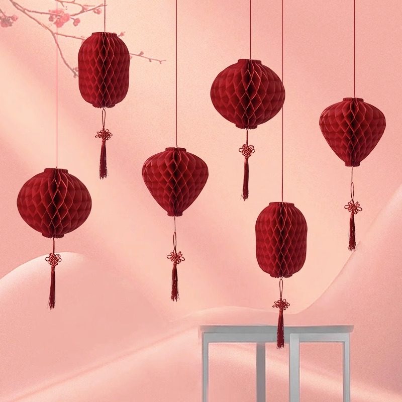 大红宫灯中式传统手提灯笼店铺橱窗吊饰装饰新年春节布置纸蜂窝球