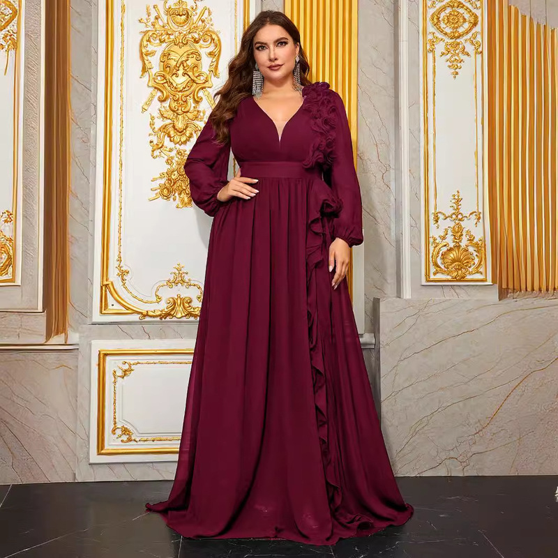 女士大码舞会晚礼服 立体花边灯笼袖v领雪纺优雅晚礼服-FSSN228-1