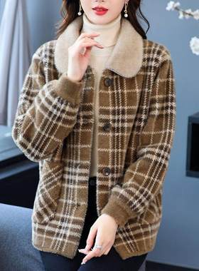 中年妈妈秋冬外套洋气加厚上衣短款大码棉服女士格子仿水貂绒外衣