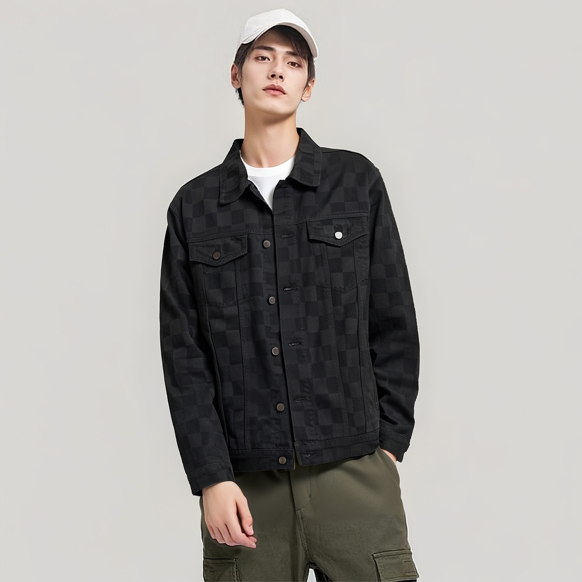 男士潮牛仔外套棋盘格