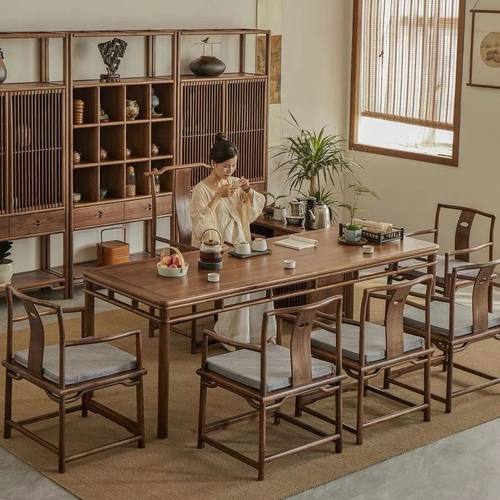 新中式一体桌椅组合老榆木茶桌办公室实木榫卯一整套家用泡茶桌子