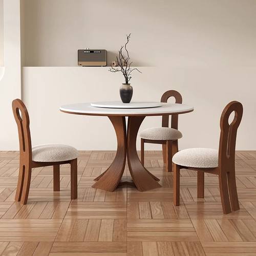 法式中古风实木岩板餐桌圆形饭桌小户型圆桌复古轻奢简约吃饭桌子